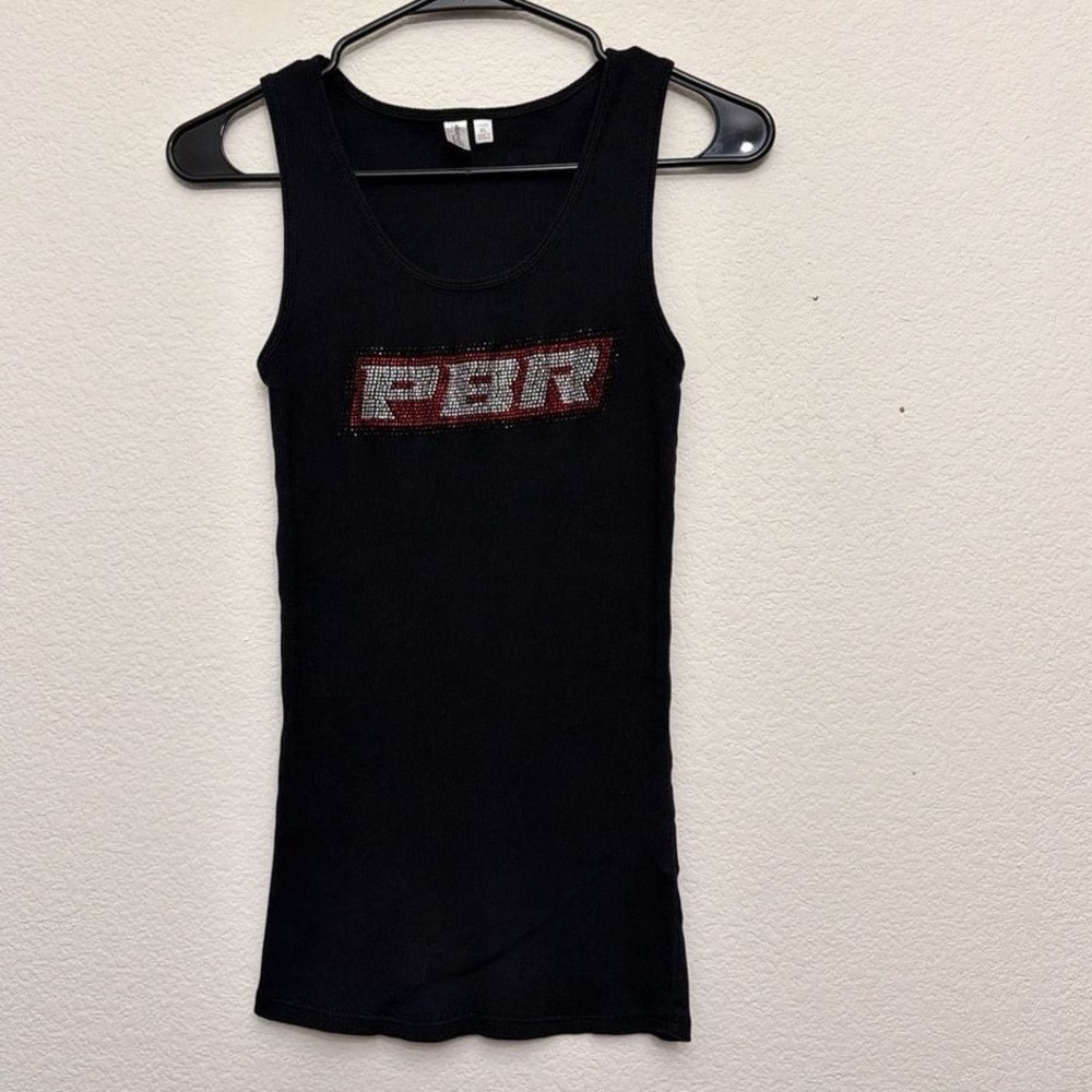 District Threads Black PBR Pabst Blue Ribbon Rhinestone Ribbed Tank Top XL